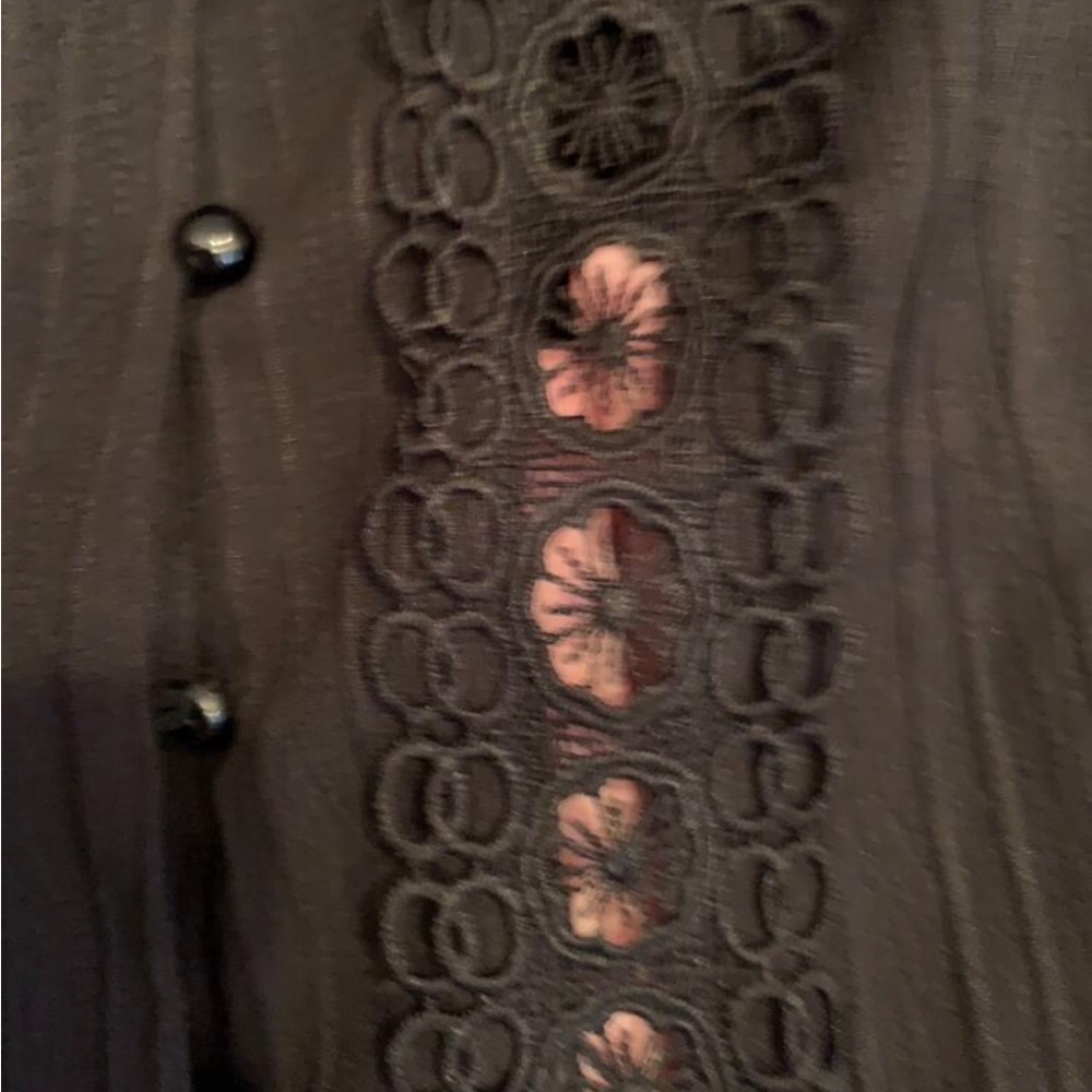 Boho Sheer Mesh Floral Embroidered Button Down Up Shirt Top Blouse Navy Blue - Picture 8 of 8